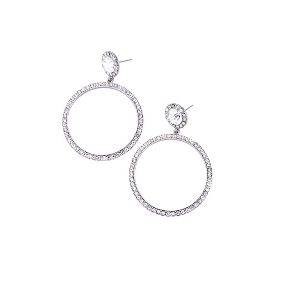 Ella Etc Silver Tone Sparkly Hoop Earrings | 3” Statement Crystal Dangle - Picture 4 of 11